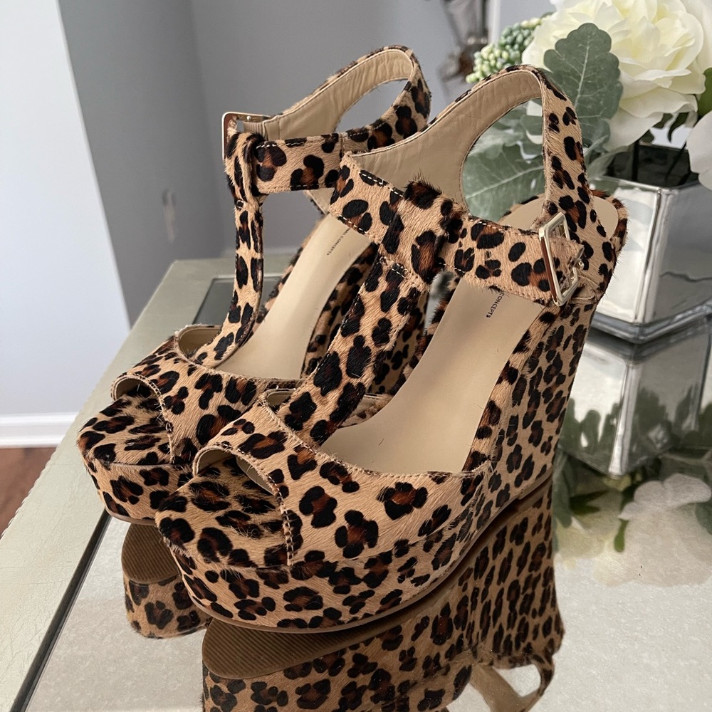 INC cheetah platform wedge heels